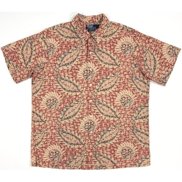 Vintage Polo Ralph Lauren Mens Camp Shirt Linen Blend Sz Large Hawaiian Abstract - Picture 1 of 10